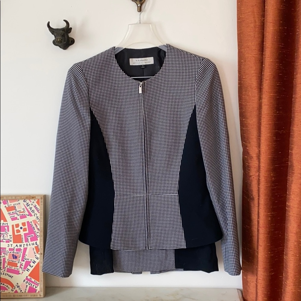 Tahari skirt suit, modern, dark navy and white.